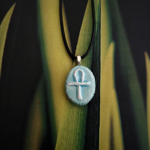 Handmade Ceramic Light Blue Ankh or Key of Life Pendant Necklace - Picture 13 of 14